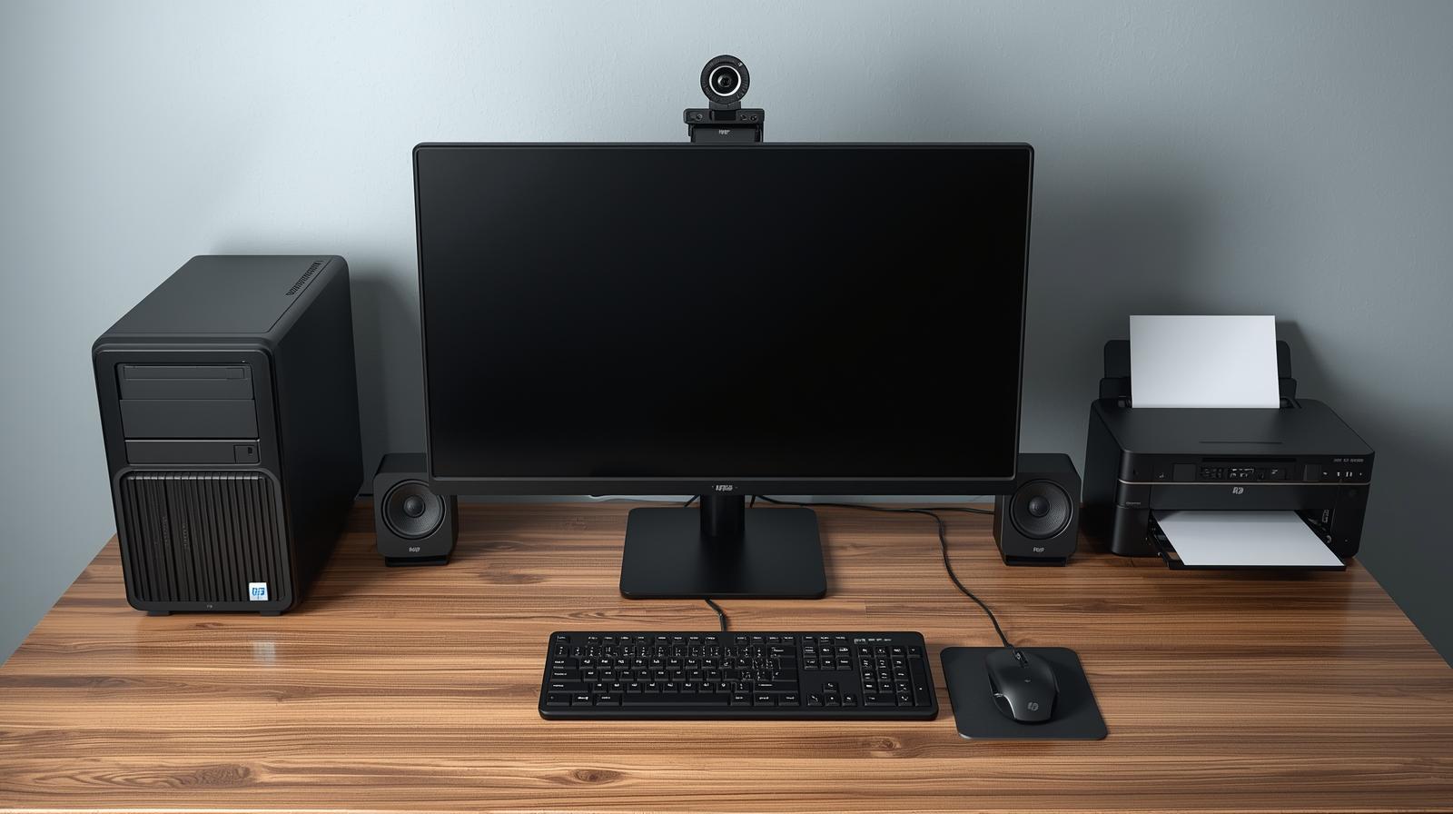 Photo d'un bureau d'ordinateur avec ses périphériques