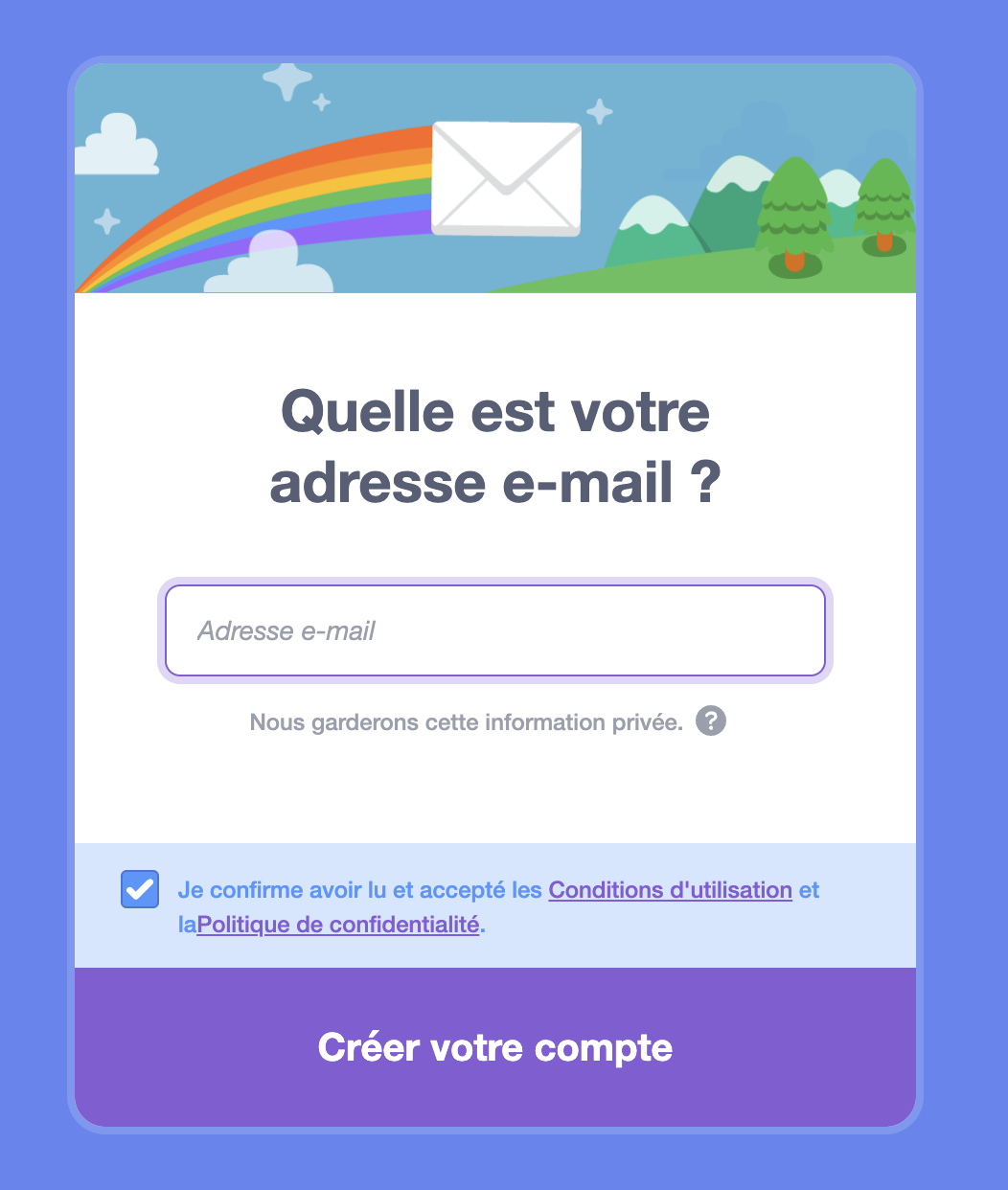 Formulaire adresse e-mail et création du compte