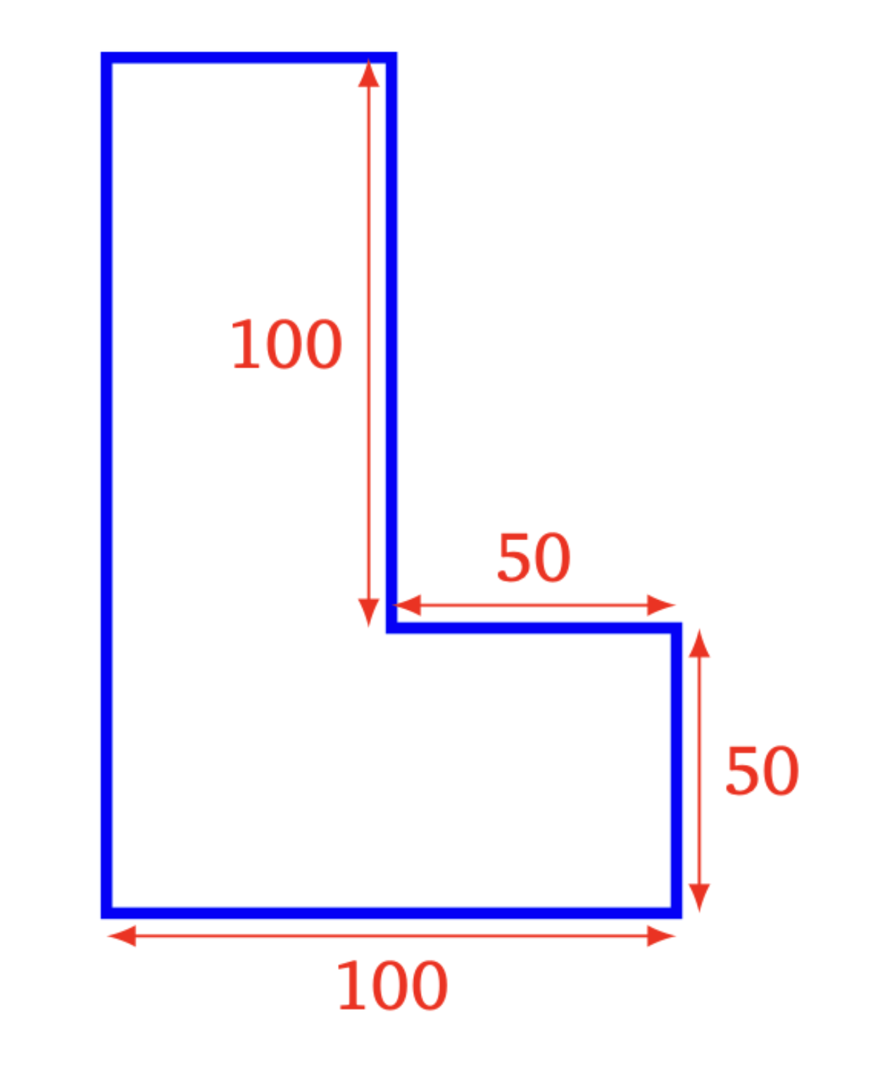 Forme L à tracer avec les dimensions : hauteur 100, base 100, décrochage 50
