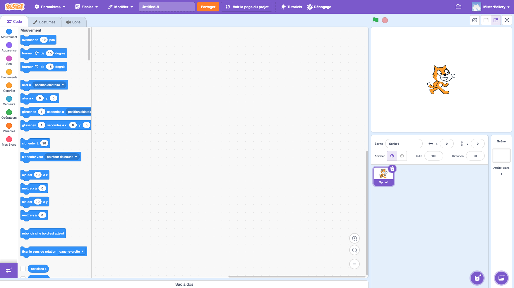 Interface complète de Scratch avec ses différentes zones