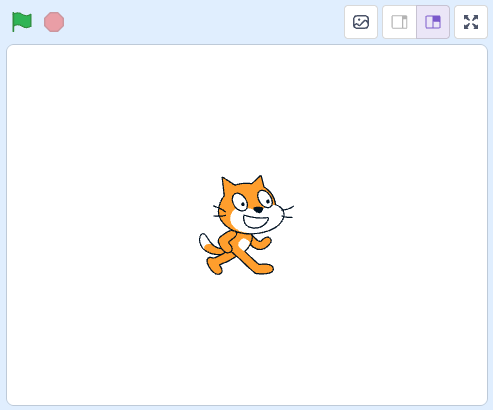 La scène Scratch avec le chat et les boutons de contrôle